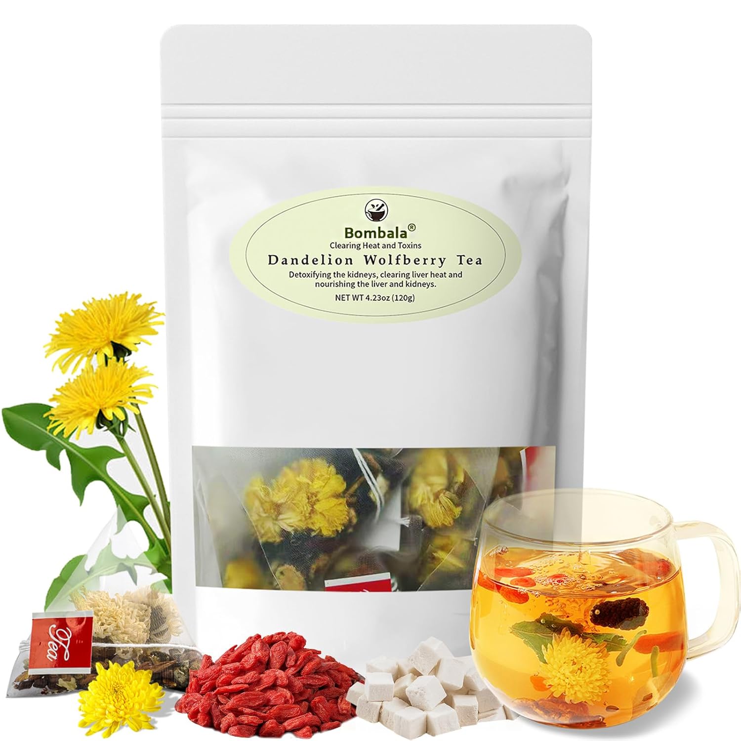 1Bag Bombala Dandelion Wolfberry Tea Natural Kidneys & Liver Eyes Health Goji Berry Chrysanthemum Cassia Seed Tea Seven Natural Herbal Ingredients For Kidney & Liver Health Non-GMO caffeine-free(12bags 120g)