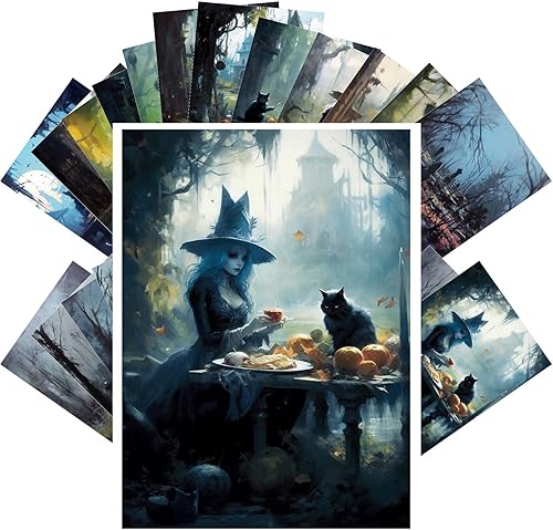 PIXILUV Postales vintage (24 piezas de 4 x 6 pulgadas cada una) Ilustraciones espeluznantes de brujas aterradoras en cementerios, postales vintage