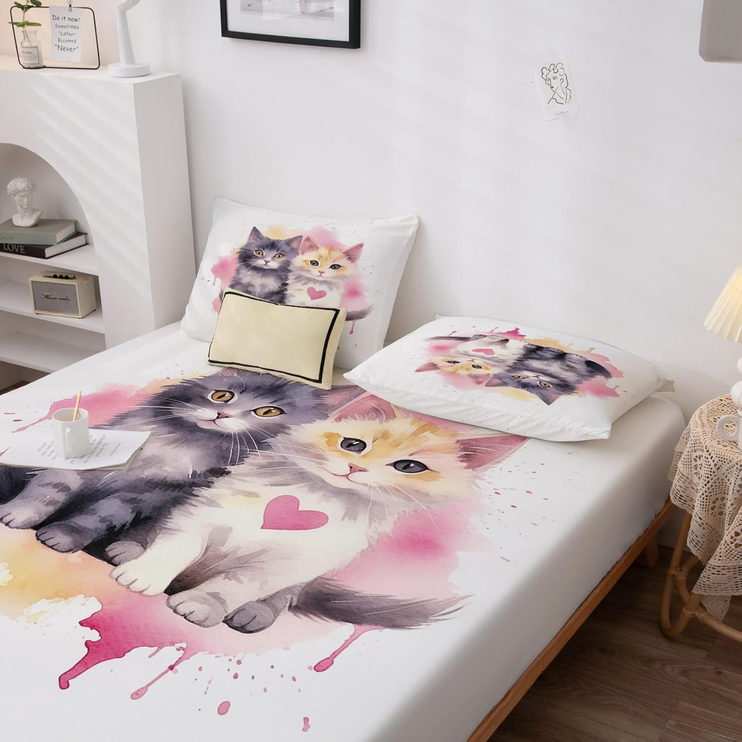 Cat Sheets Twin & Bedroom Decor - Cute Kitten Bed Sheets - Soft Breathable Microfiber Deep Pocket Patterned Bedding Sheets & Pillowcases