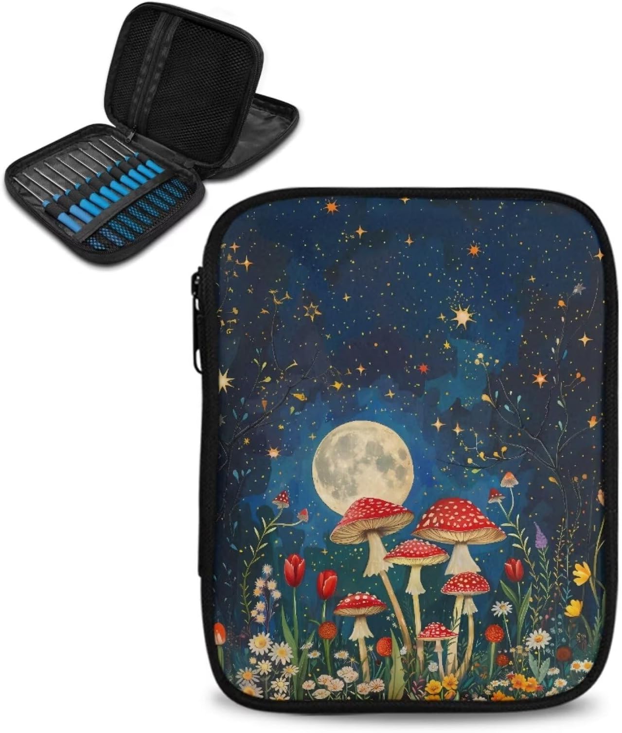 Hechitok Mushroom Starry Night Crochet Hook Case Without Hooks and Accessories Zipper Storage Organizer Bag with Web Pockets for Various Crochet Needles Accessories Crochet Hook Kit Tools