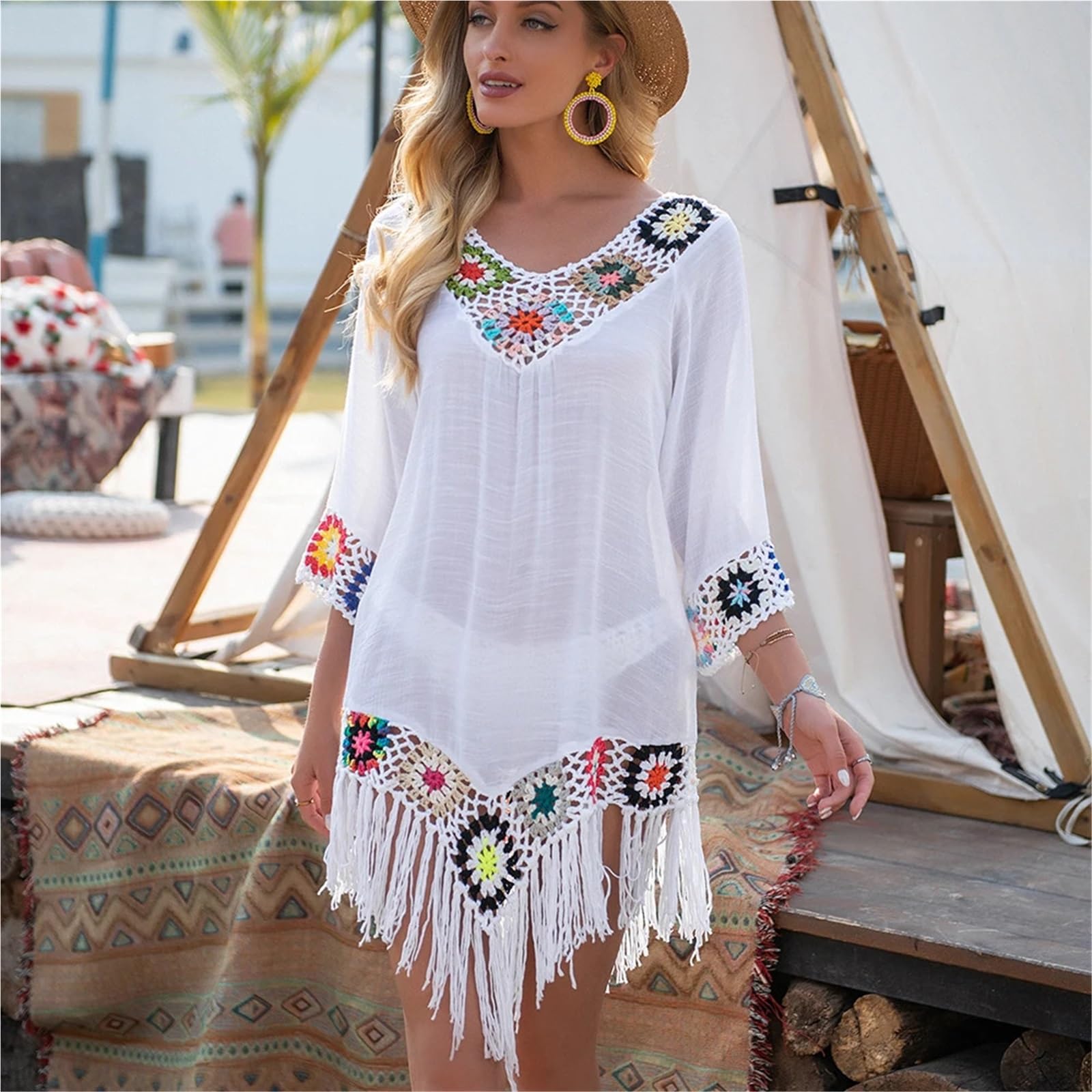 Paréo Bikini Couvrir avec Frange Garniture Femmes Sexy Tunique Creuse Robe de Plage vêtements d'été pour Piscine