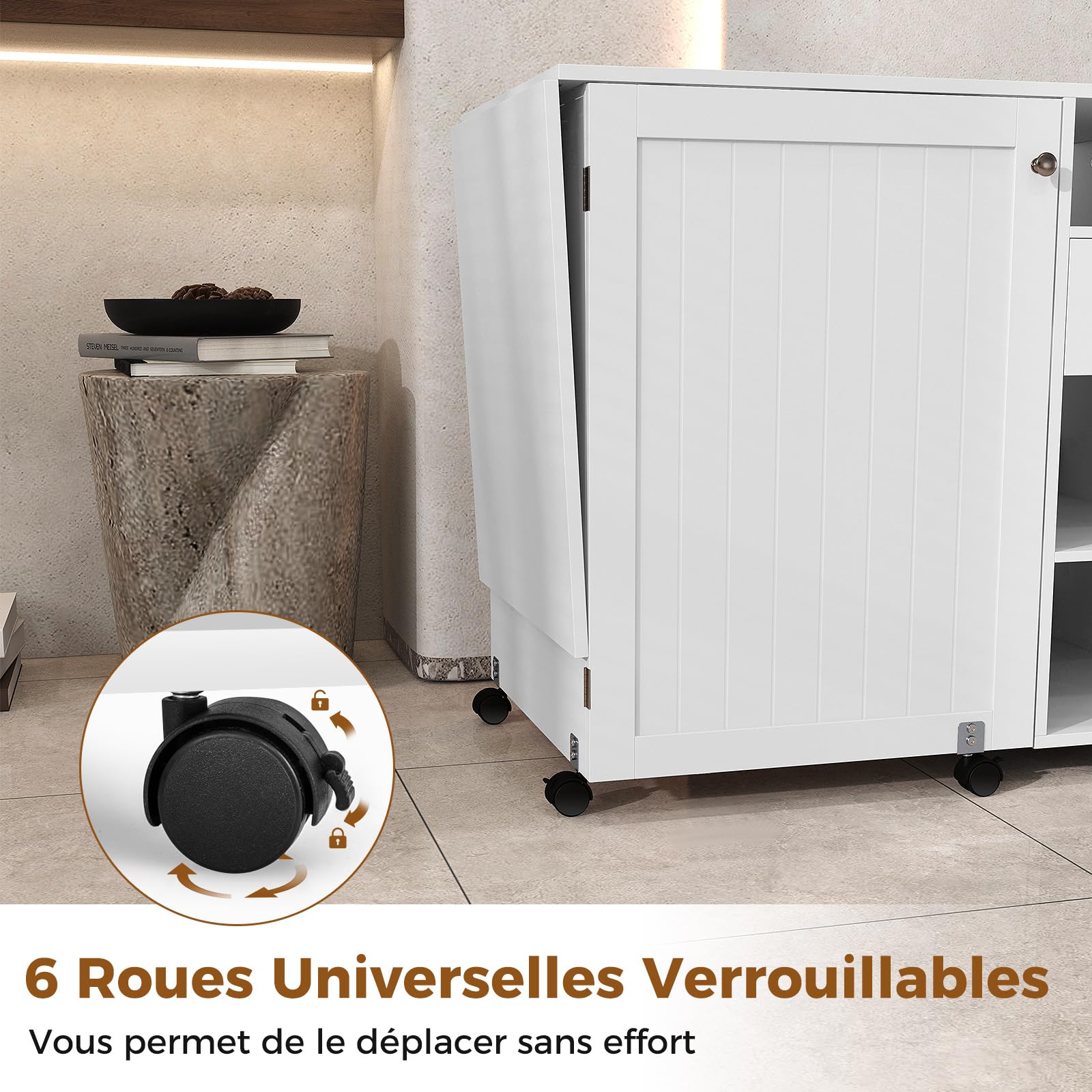 COSTWAY Table de Couture Pliante, Meuble Machine à Coudre avec 4 Compartiments Ouverts et 1 Tiroir de Rangement, 18 Rangées de Bâtonnets, 2 Plateaux de Rangement, roulettes Verrouillables, Blanc