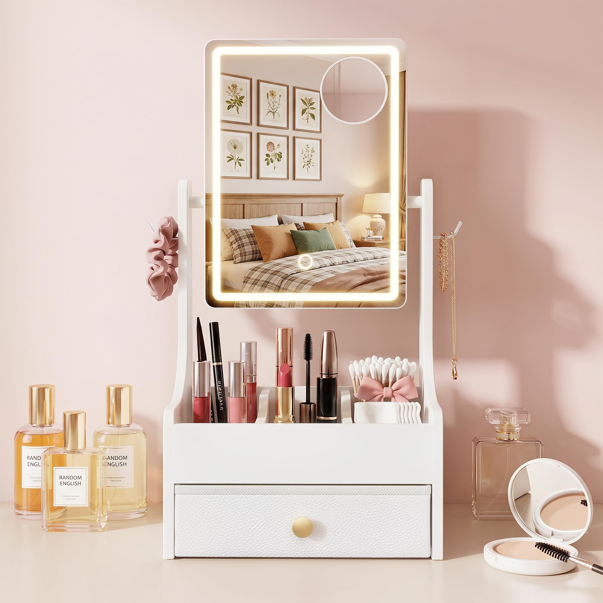 Schminkspiegel mit Beleuchtung, Make-up Organizer, 32 x 66 cm | 360° drehbarer Kosmetikspiegel, 5-fach Vergrößerungsspiegel mit Licht, höhenverstellbar, Tischspiegel & Schminktisch Spiegel