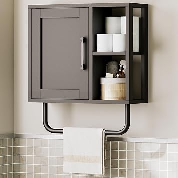 YATINEY Bathroom Wall Cabinet Wall Hanging Medicine Cabinet Over Toilet Storage Cabinet with Open Partition and Towel Bar for Bathroom Laundry Room Living Room Kitchen Black