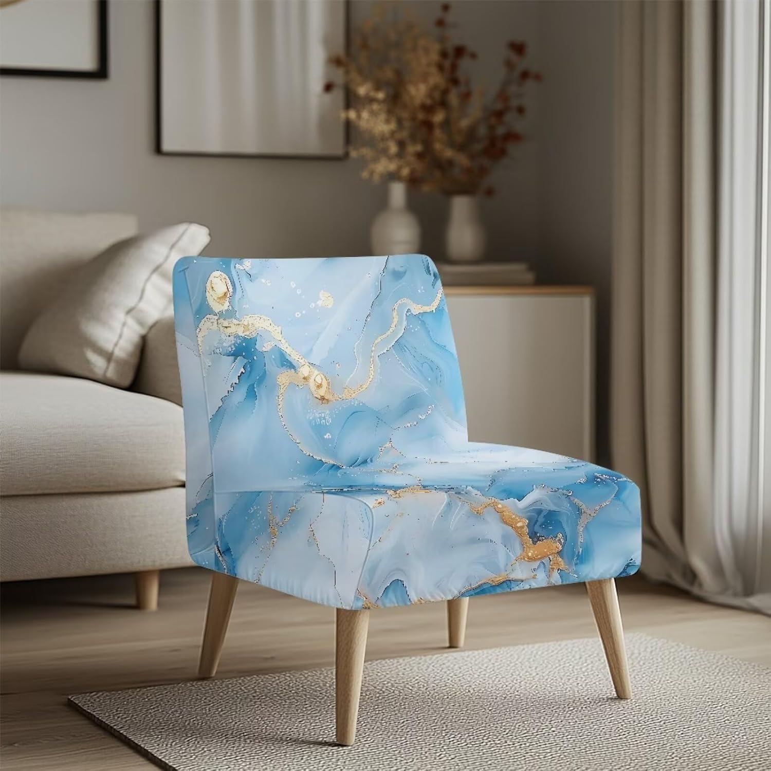 Sofa Cover Stretch Soft Armless Slipper Chair Slipcover Removable Non-Slip Accent Chair Cover Without Arms Washable Chair Protector Cover Living Dining Room Decor, Blue Golden Marble