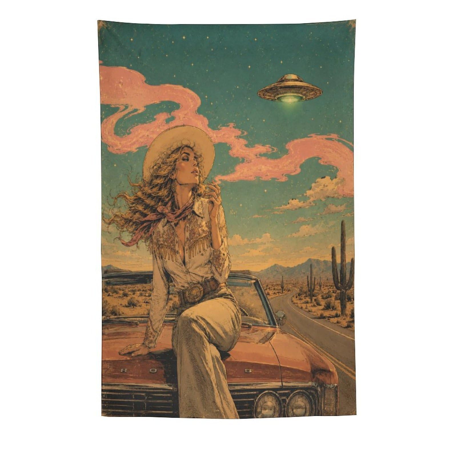 W7C8U2X3 UFO Cowgirl Desert Road Wall Tapestry, Surrealist Style, Office