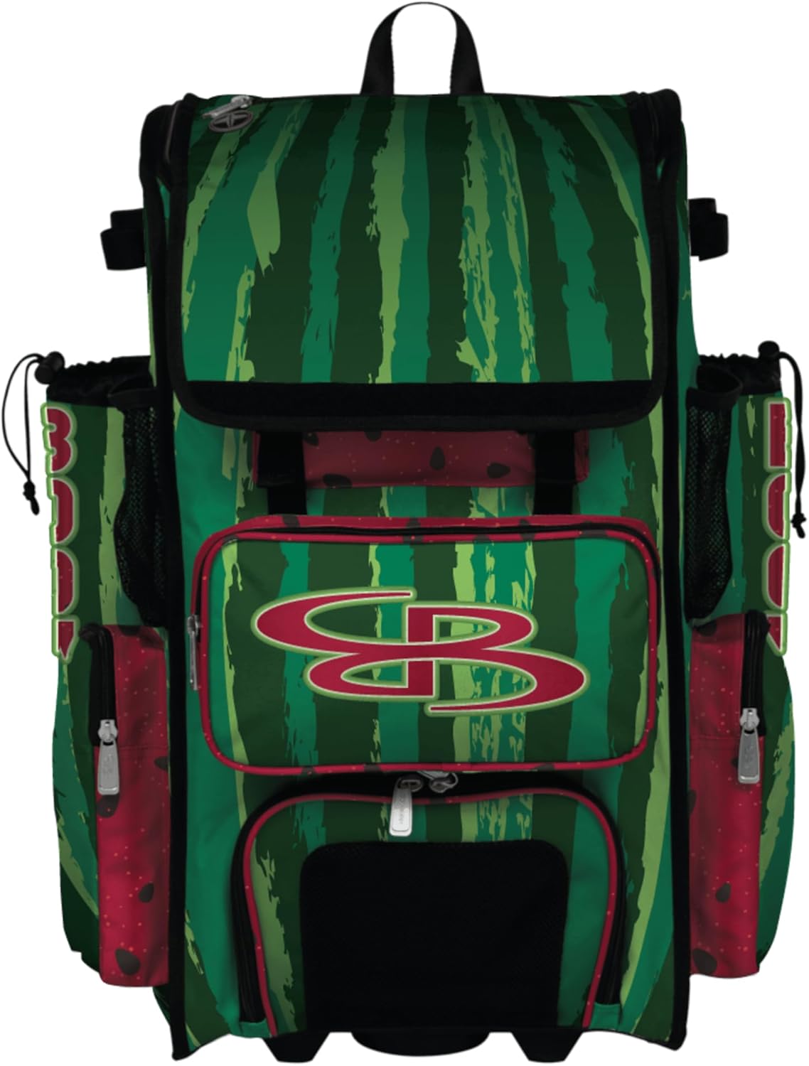 Boombah Superpack Hybrid Rolling Bat Bag - Wheeled & Backpack Version - Wild Watermelon Dark Green/Kelly Green/Red