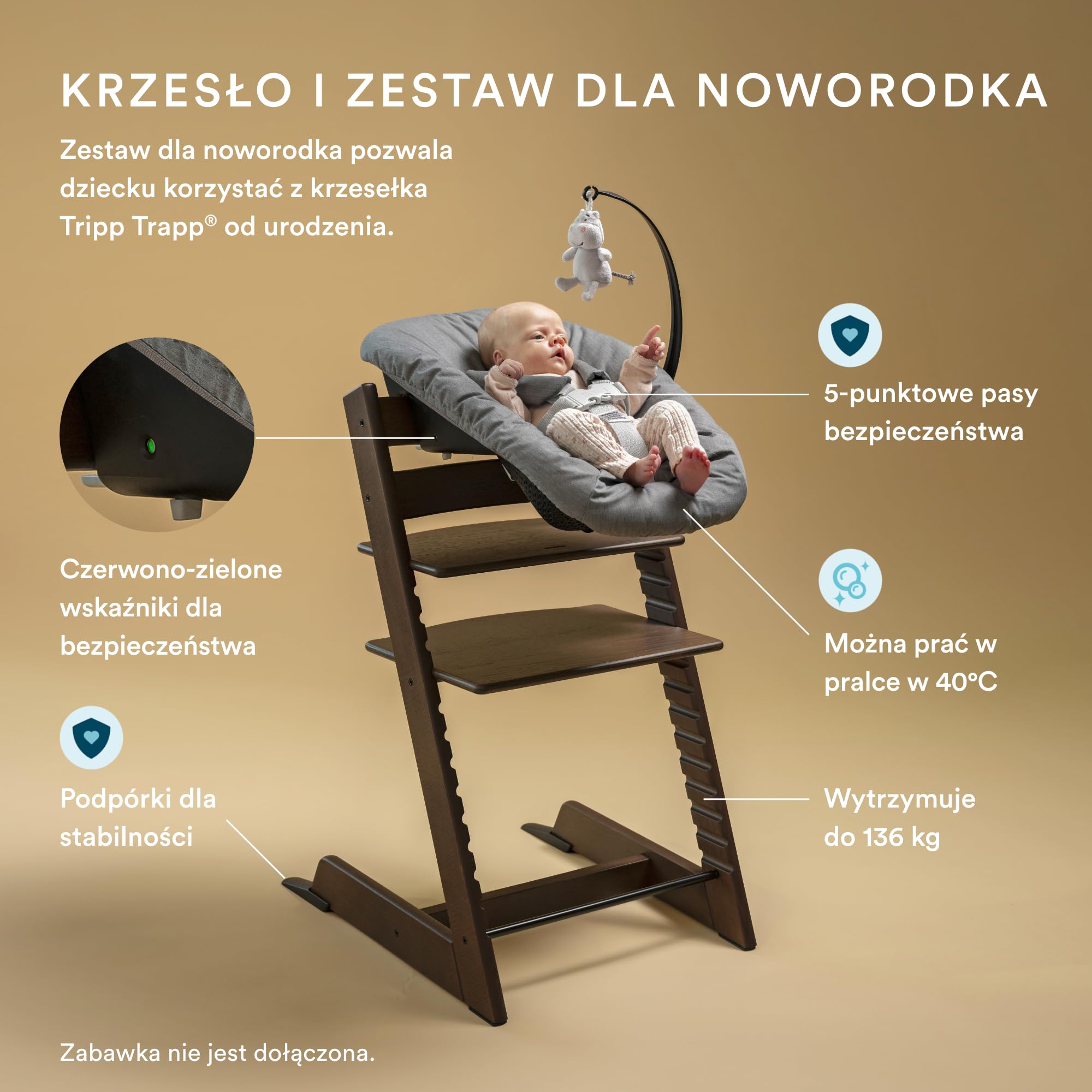 Krzesełko do karmienia Stokke Tripp Trapp, Warm Brown dąb (w zestawie krzesełko + zestaw dla niemowląt 2) z zestawem dla noworodków - bezpieczna, regulowana, ergonomiczna konstrukcja