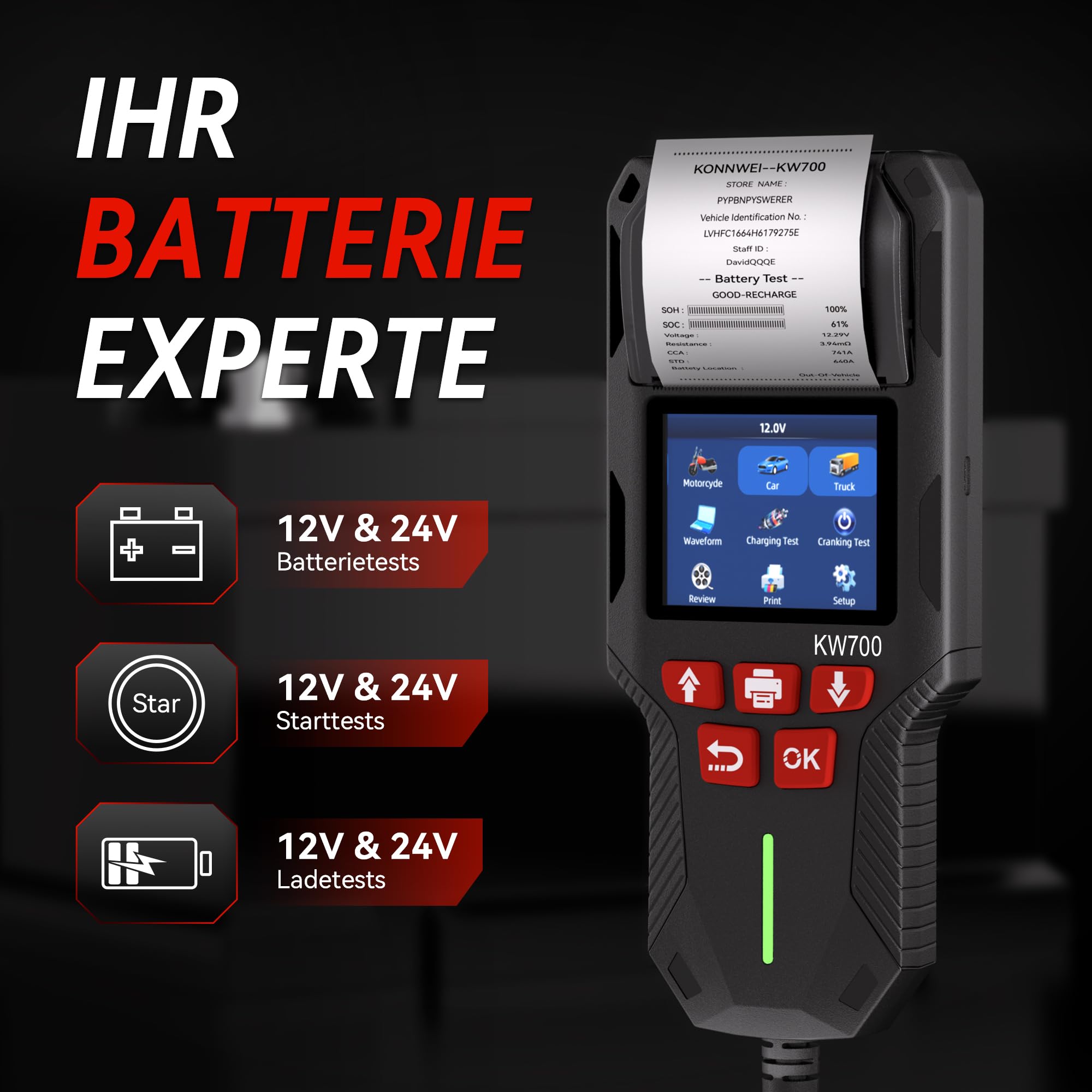 KONNWEI KW700 Batterietester mit Drucker 12V 24V Mit Druckerpapier | Batterie Tester Batterie Lasttester mit 10-2000 CCA, Anlassprüfung Ladetest Lichtmaschine Tester für KFZ LKW Motorrad