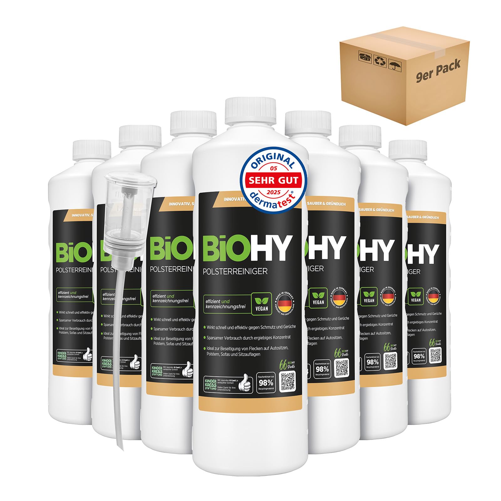 BiOHY środek do czyszczenia tapicerki (9 x butelka 1l) + dozownik | Idealny do sof, tapicerki, dywanów i tekstyliów | Nadaje się również do odkurzaczy | Usuwa wszelkie plamy (Polsterreiniger)