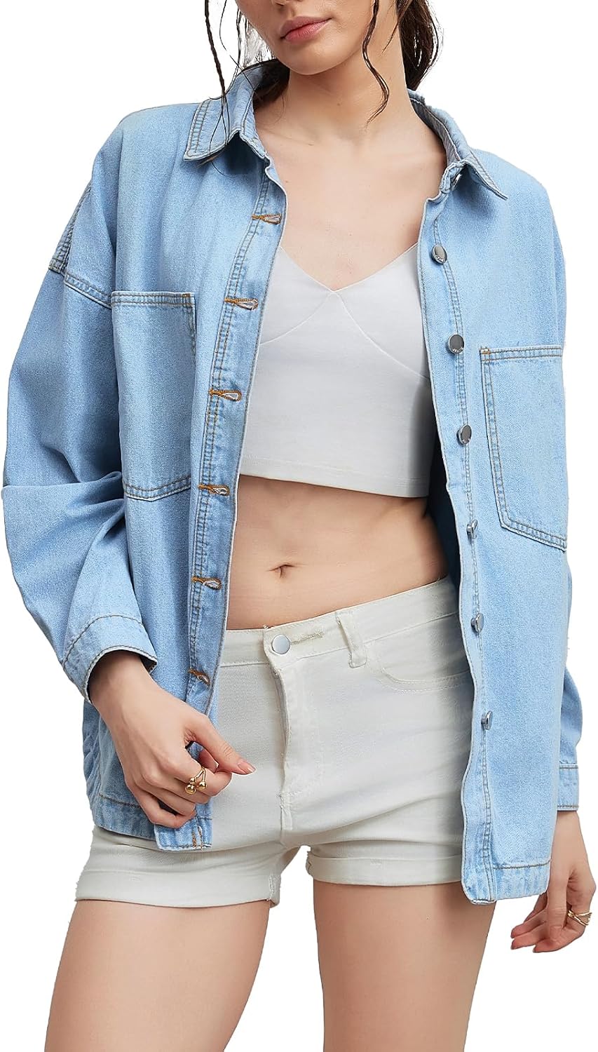 Women Denim Jacket Shacket Long Sleeve Oversize Boyfriend Jean Jacket Shirt - Image 2