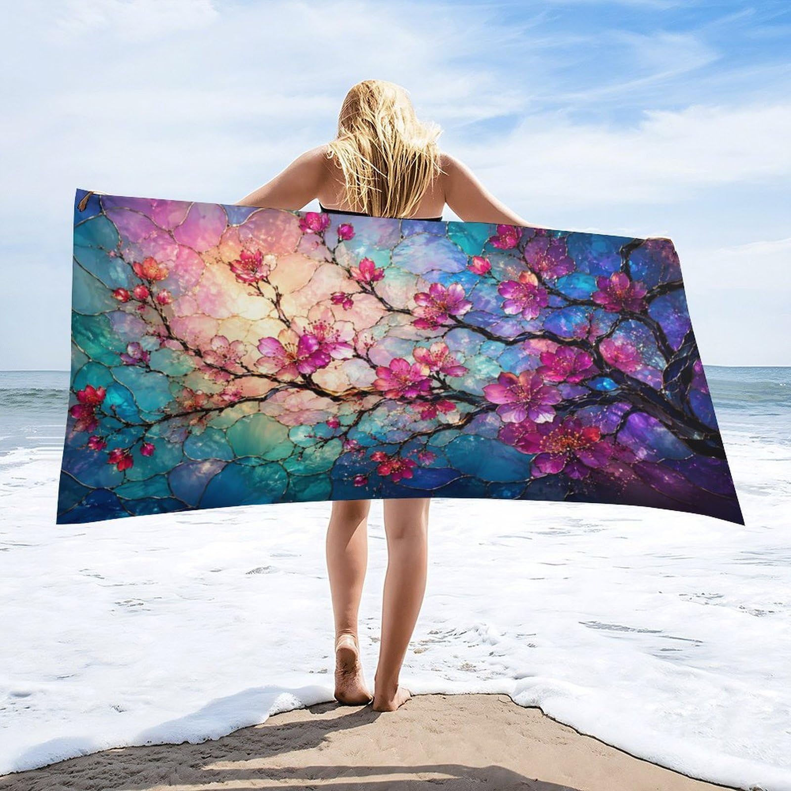Anceky Floral Cherry Blossom Beach Towel 32"×63",Soft Microfiber Bath Towel Shawl, Quick Dry Absorbent Pool Spa Gym Shower Towel
