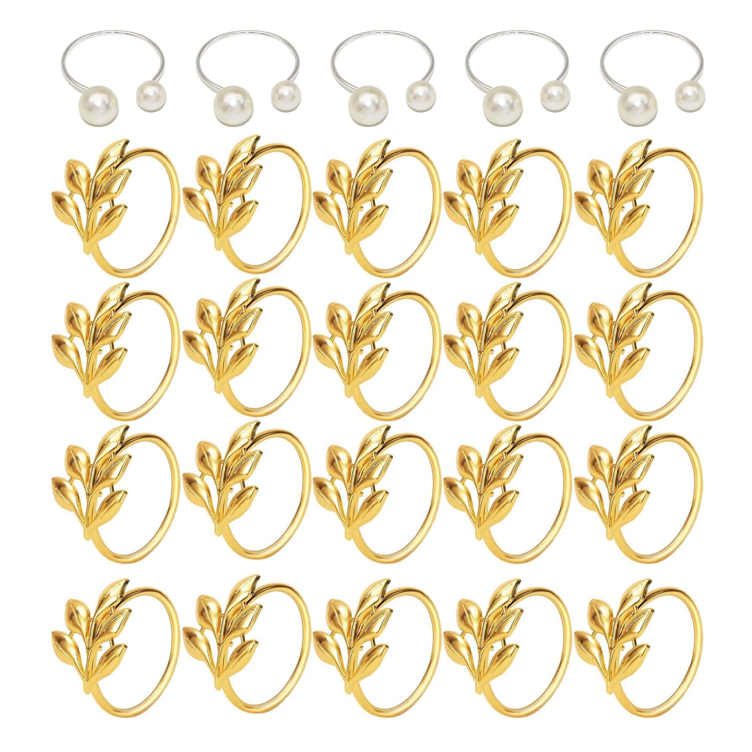 Xmnivate Golden 20 Leaf Napkin Buckles, 5 Silver Pearl Napkin Buckles, Ele Table Decoration, Suitable For Banquets, Birthday Parties, Weddings.