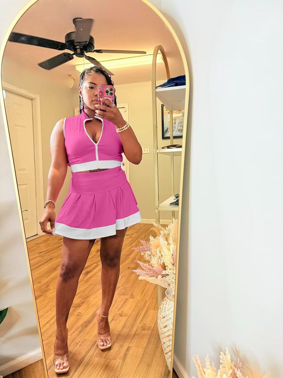 Ophestin Women 2 Piece Outfits Colorblock Workout Tennis Skirt Sets Zipper Crop Top Pleated Mini Dress Going Out Party - Image 5