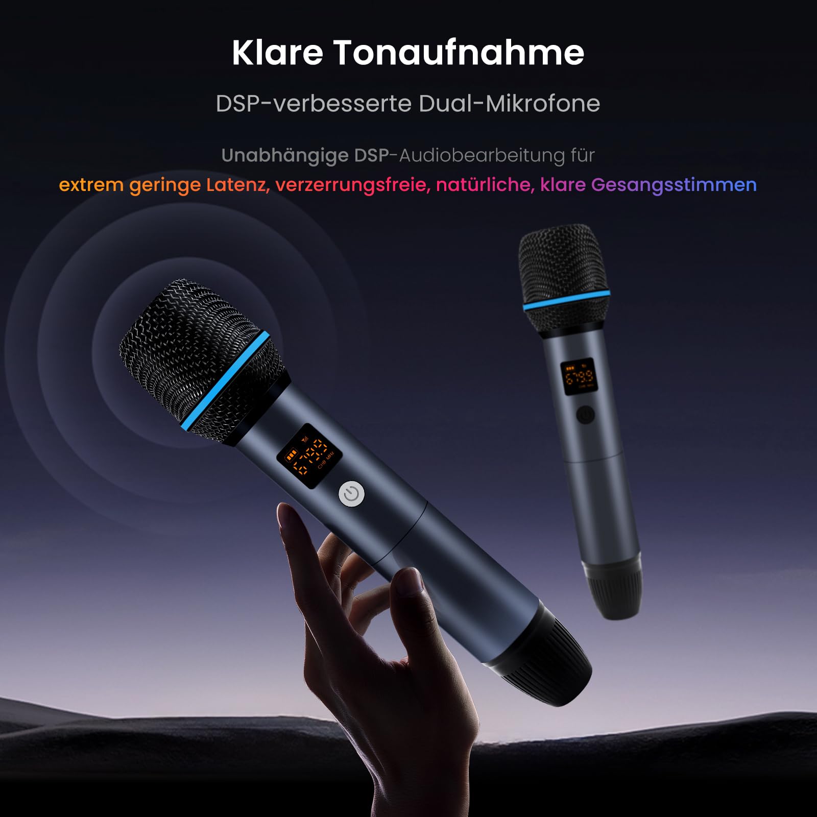 Drahtloses Mikrofon-Set, Zwei wiederaufladbare Handmikrofone mit Empfänger, 15m Reichweite, 6h Betrieb, Kompatibel mit V10-Serie Autoradios für Karaoke-Partys