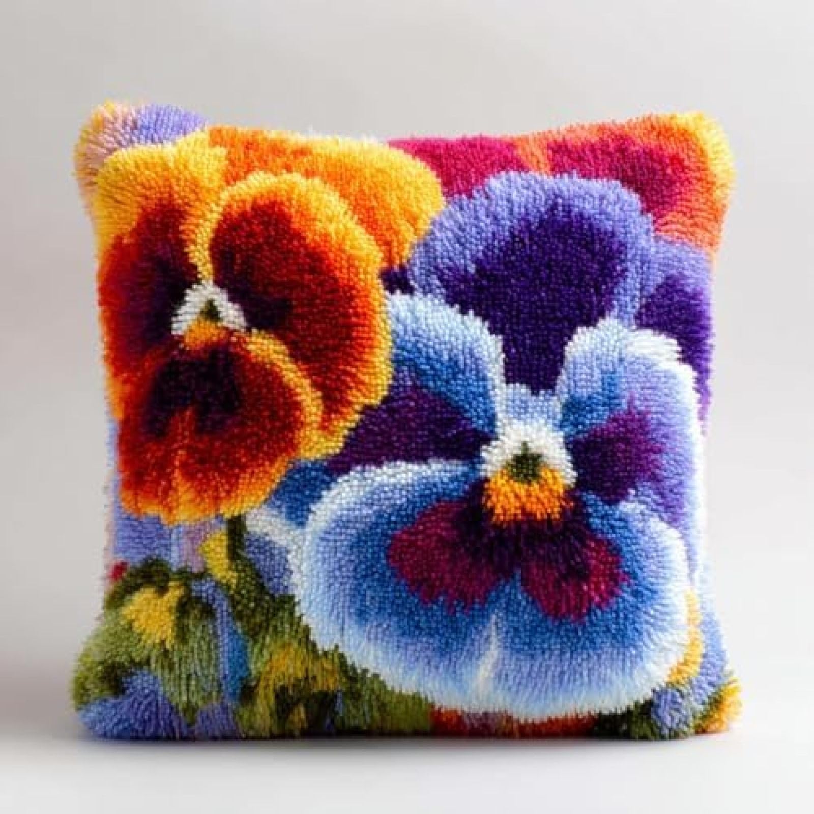 kitphoenix DIY Latch Hook Cushion Kit Pansy Flowers,Beginner-Friendly Rug Hooking Pillow Kit,Crochet Craft Cushion Cover for Home Decor,43x43 cm