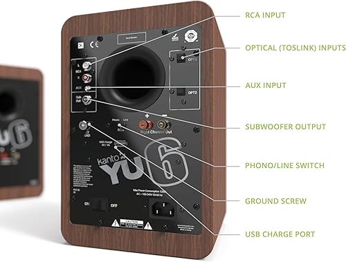 Miniatura 3 de Kanto YU6WALNUT - Altavoces alimentados para estantería con Bluetooth y preamplificador de teléfono, par  nogal