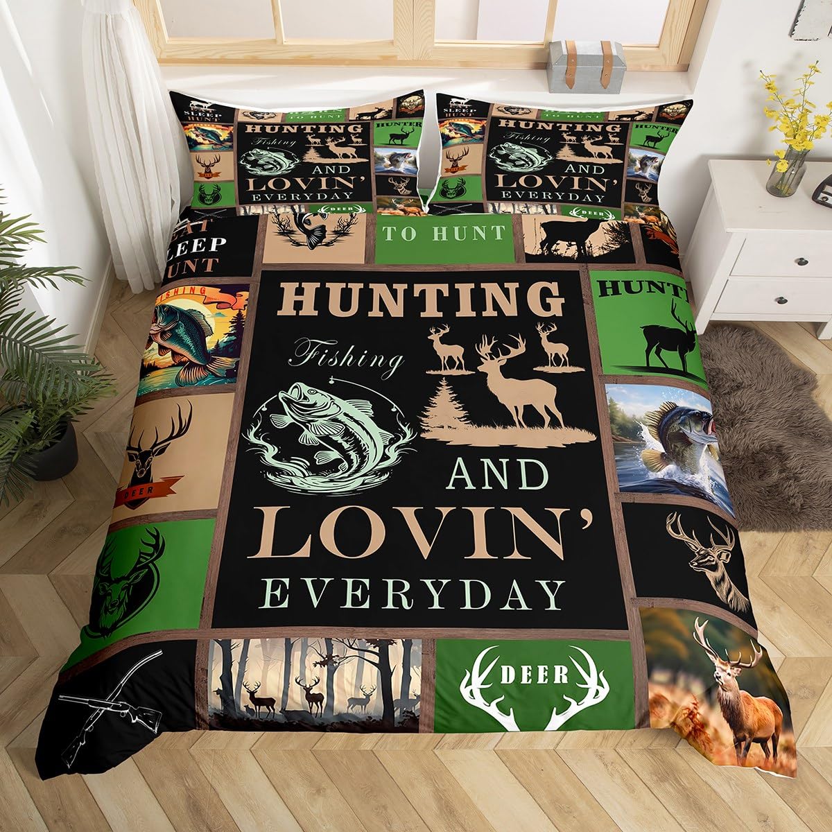 richhome Big Pikes Duvet Cover Set Deer Bedding Set Super King Size Kids Boys Girls Fish And Hunting Comforter Cover Deer Horn Fish Cannes Padded Inside — image 1