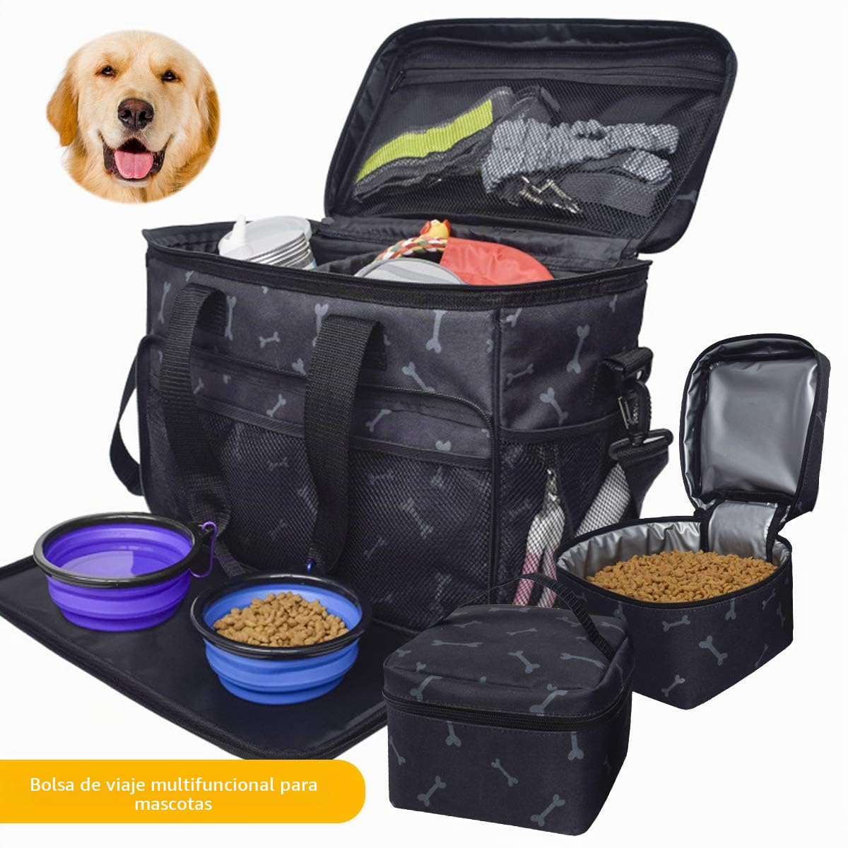 Zwini Bolsa de viaje para perros de almacenamiento lavable bolsa térmica con compartimentos, alimentador plegable y bebedor (A)