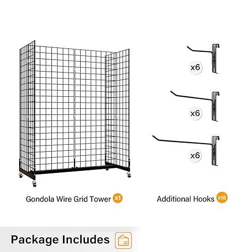 Miniatura 5 de Bonnlo Torre de pared de rejilla de góndola de 5 x 2 pies, rejilla de alambre de pie con base rodante, accesorio de panel de rejilla para exhibición