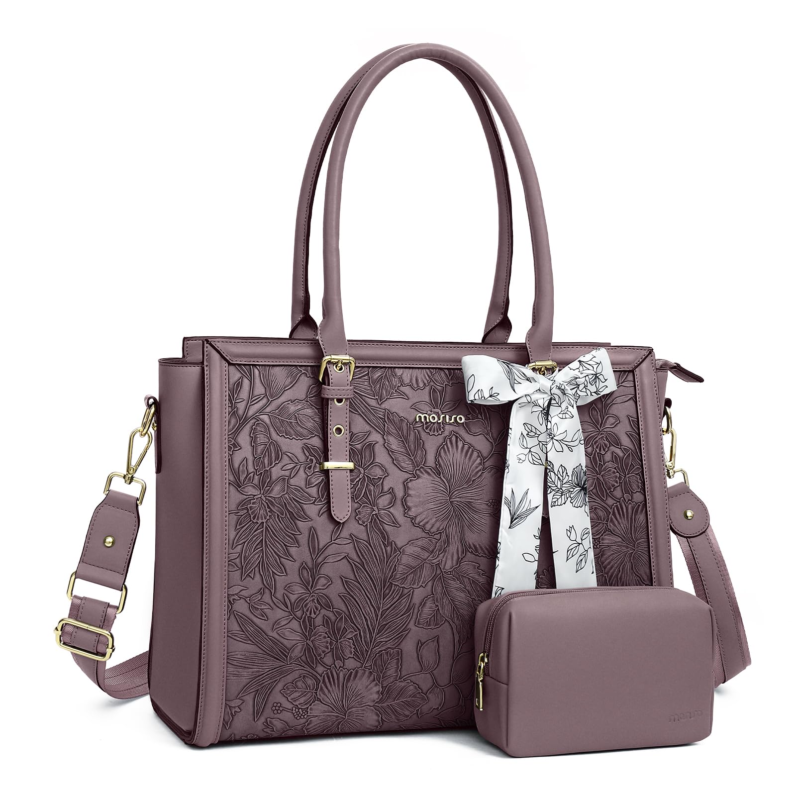 Laptop Bag for Women, 15.6-16 inch PU Leather Tote Bag Compatible with MacBook, HP, Dell, Asus Notebook, Front Embossed Retro Hibiscus Computer Bag with Silk Scarf&Clutch Purse, Slate Purple