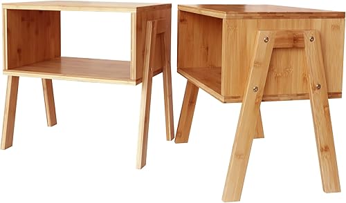 Zoopolyn Mesas auxiliares de bambú apilables, mesita de noche, para sala de estar, juego de 2