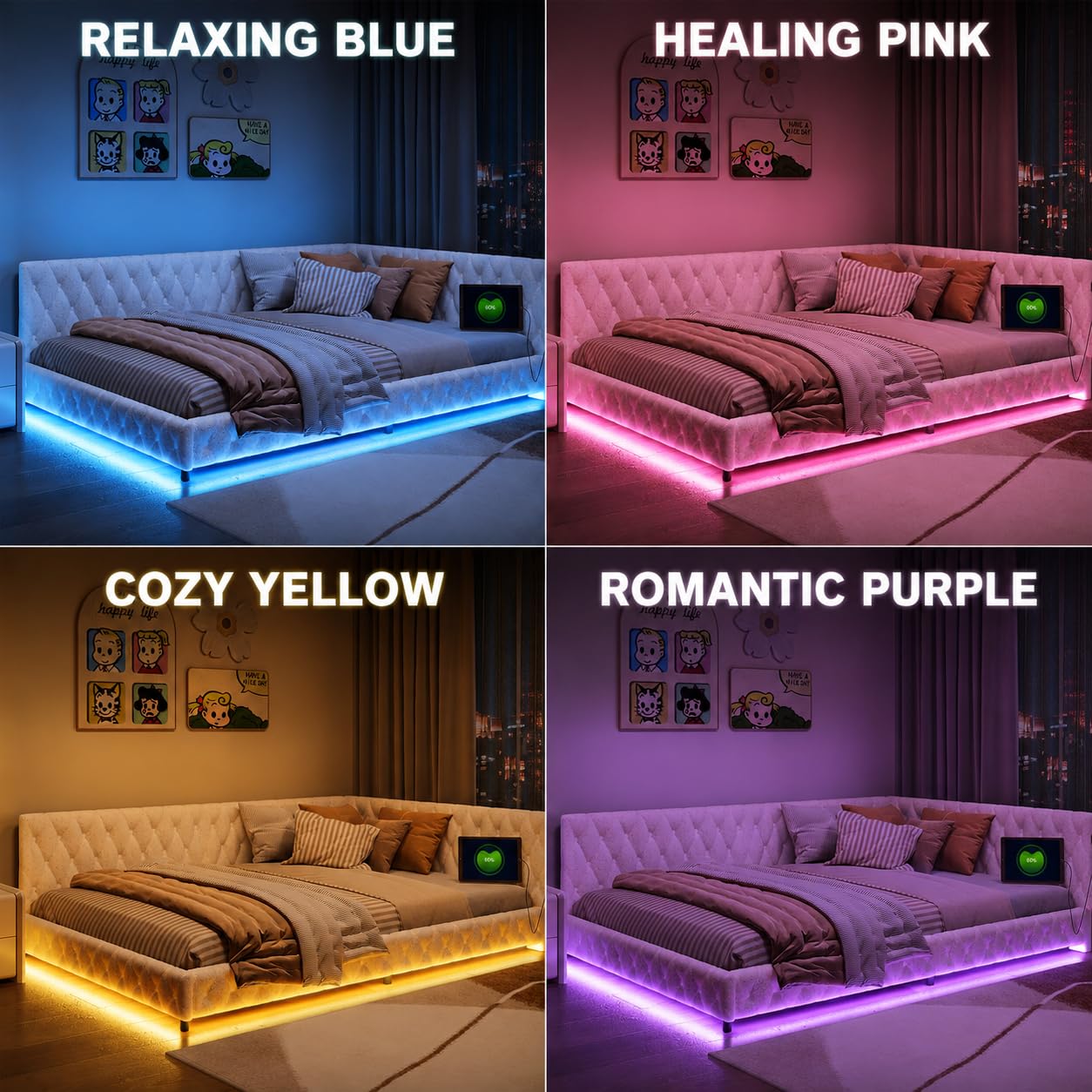 BRILVERDE Łóżko tapicerowane 140 x 200 cm, z diodami LED i USB, łóżko dziecięce, sofa ze stelażem, łóżko podwójne, dla dzieci i młodzieży, wełna jagnięca, bez materaca (białe, 140 x 200 cm)