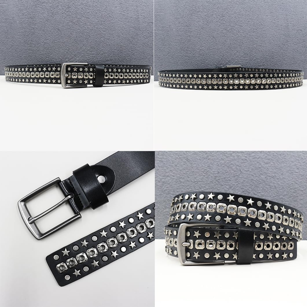 Studded Grommet Belt Metal Punk Rock Round Pentagram Hollow Rivet Leather Strap Gothic Accessories for Jean Pants