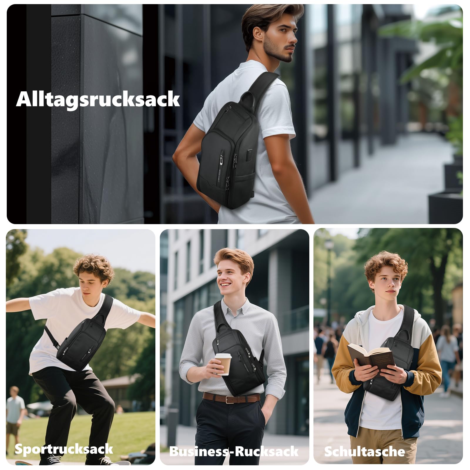 Umhängetasche Herren, Schultertaschen Slingbag mit USB | Wasserabweisende Crossbody-Tasche mit diebstahlsicherem Design, leicht und geräumig für Arbeit, Reisen und Radfahren