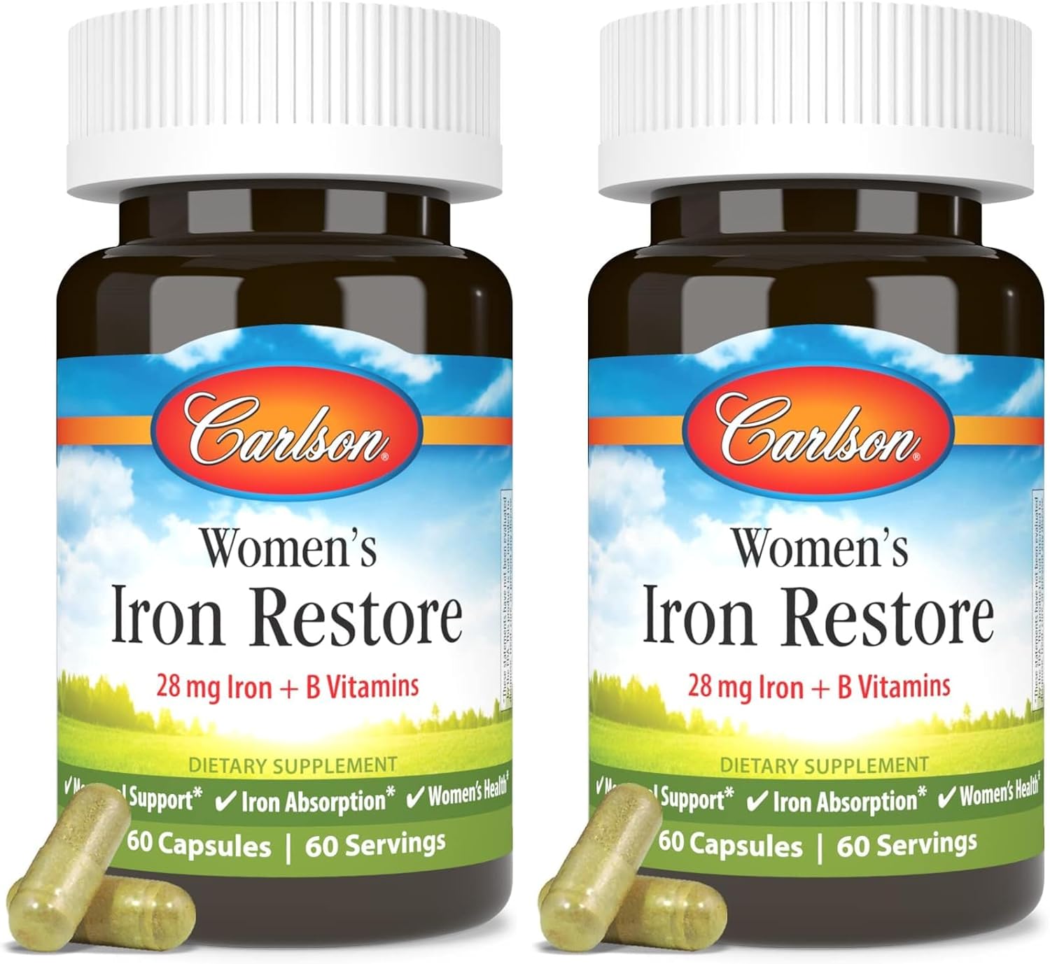 Carlson - Women's Iron Restore, 28 mg Iron + B Vitamins, Menstrual Support, Iron Absorption & Women's Health, 60 Capsules (Pack of 2)