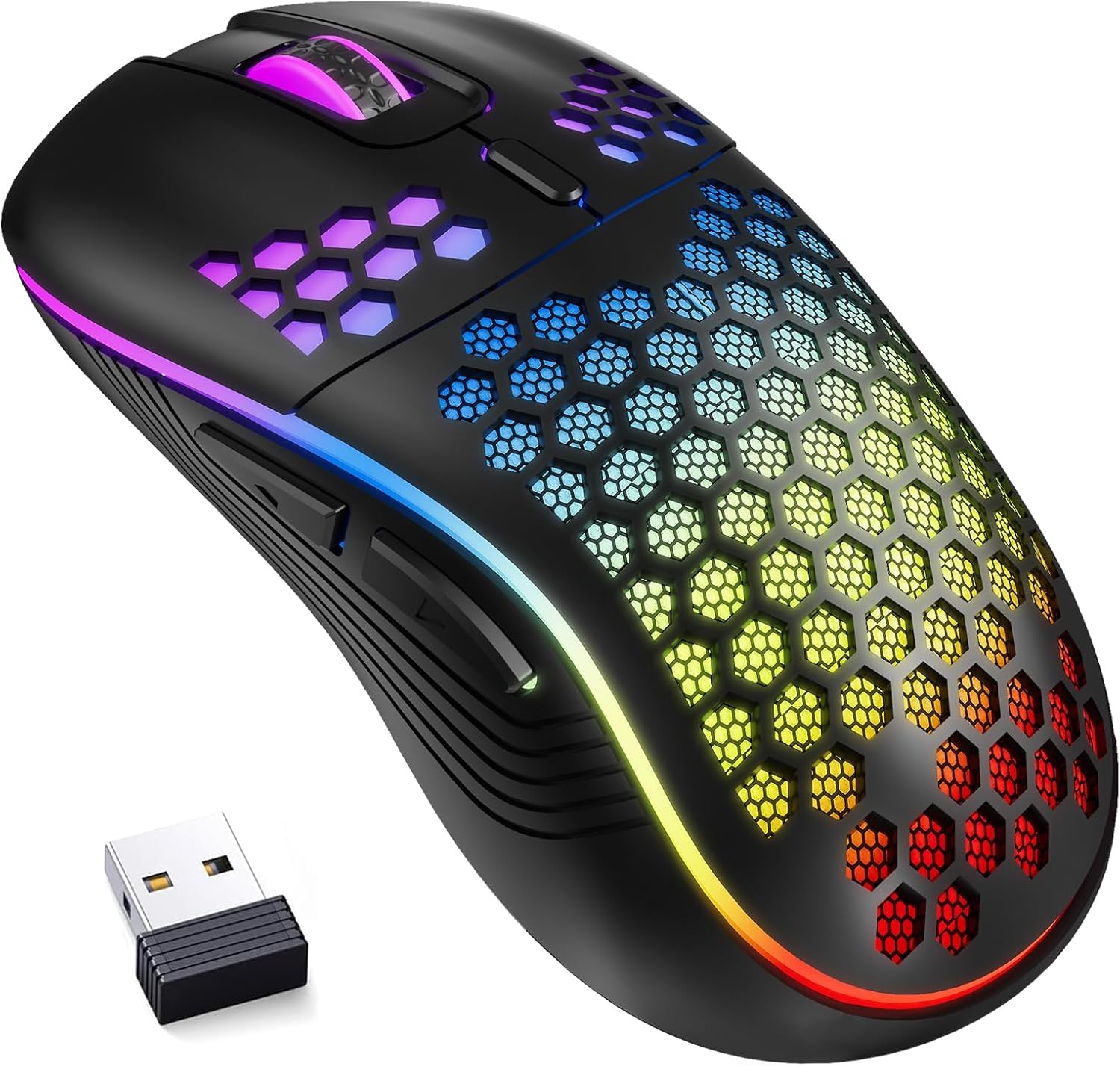 ShabeEatWireless Gaming Mouse Honeycomb 2.4G USB Cordless Mouse RGB Rechargeable PC Game Mice with 7-Color LED Lights, 3 Adjustable DPI for Windows Laptop Desktop Computers - Black