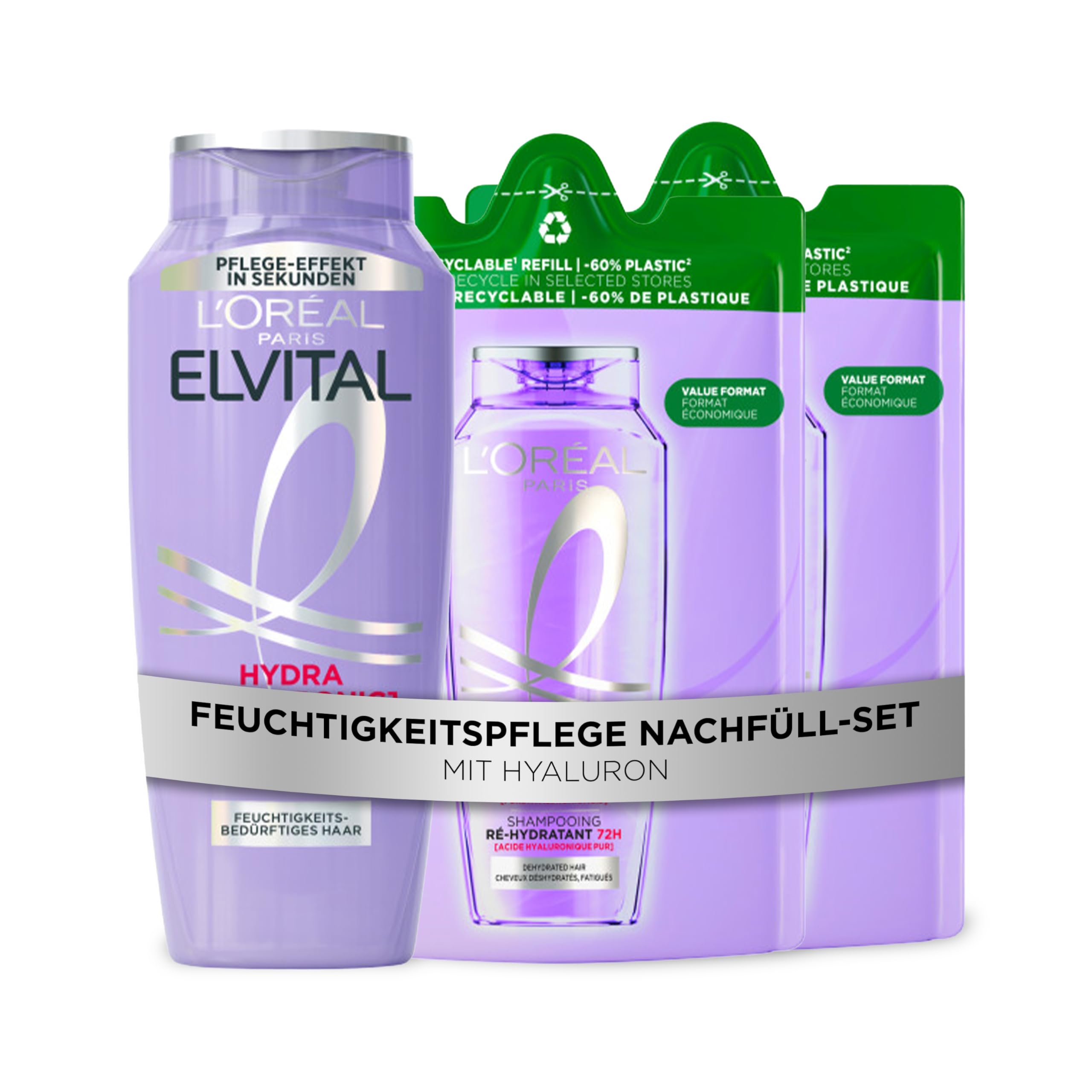 L´Oréal Paris Elvital Hydra Hyaluronic 72H Feuchtigkeits-Auffüllendes Shampoo Nachfüllset, Vorteilspack mit 1 Standardflasche (1x300ml) und 2 Nachfüllpacks mit -60% weniger Plastik (2x250ml)