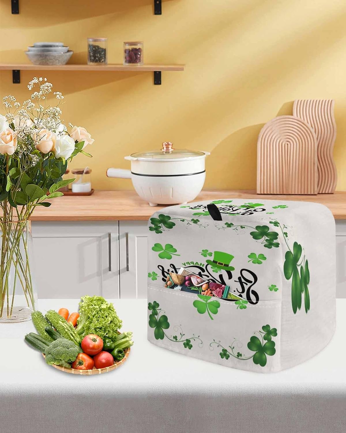 Happy St. Patrick's Day Stand Mixer Cover with Storage Pocket, Waterproof Kitchen Mixer Covers, Lucky Shamrocks Grass Hats Kitchen Appliance Dust Cover Compatible with 5-8 Quart Mixers