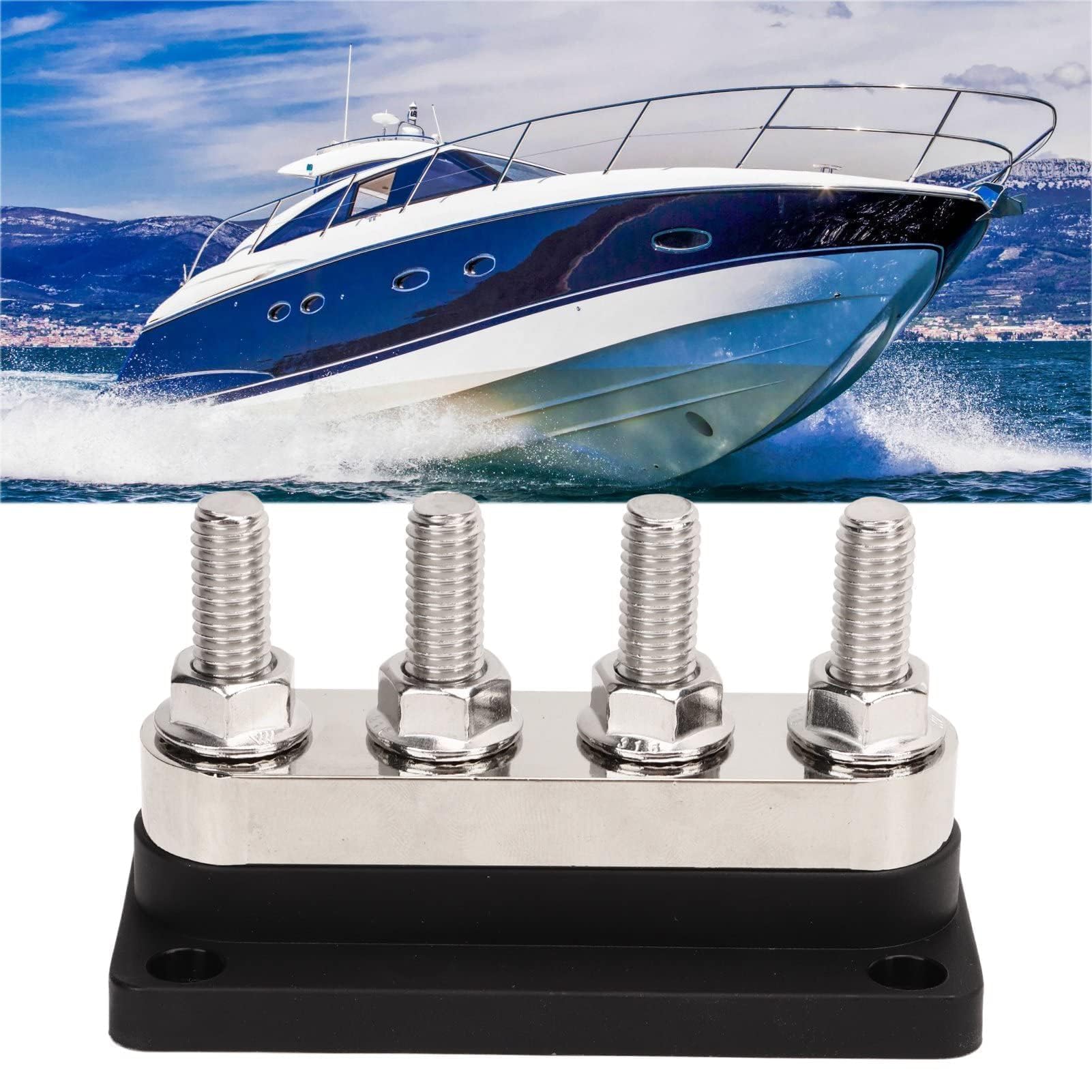 Batterie-Sammelschiene, Stromverteilerblock, DC 12 V Bis 48 V, 600 A, Hochstrom, M10, 4 Bolzen, Stromverteilerblock für Auto, Wohnmobil, Boot, Yacht, Anschlussbolzen, Sammelschiene (Schwarz)