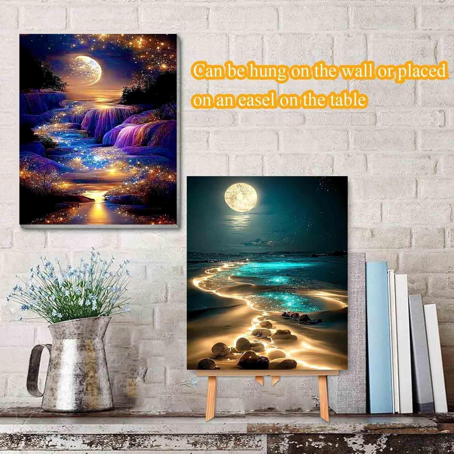 VIGEGU 4 Pack Paint by Numbers Kit for Adults Beginner with Frame,Paint by Number with Wooden Easel DIY Starry Sky Beach Waterfall Landscape Adult Paint by Number Kits for Home Decor 7.8x11.8inch