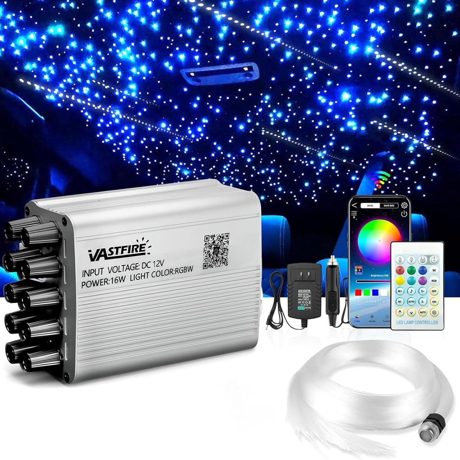 VASTFIRE Starlight Headliner Kit - 500pcs 0.03in 9.8ft Fiber Optic Star Lights for Car with 16W RGBW, Twinkle/Meteor Music Sync, APP/Remote Control for Car Roof/Bedroom Ceiling