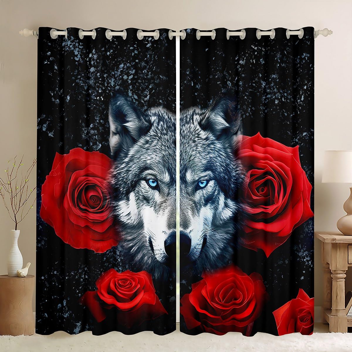 Rideaux de fenêtre style vie sauvage loup pour une chambre d'enfant rouge