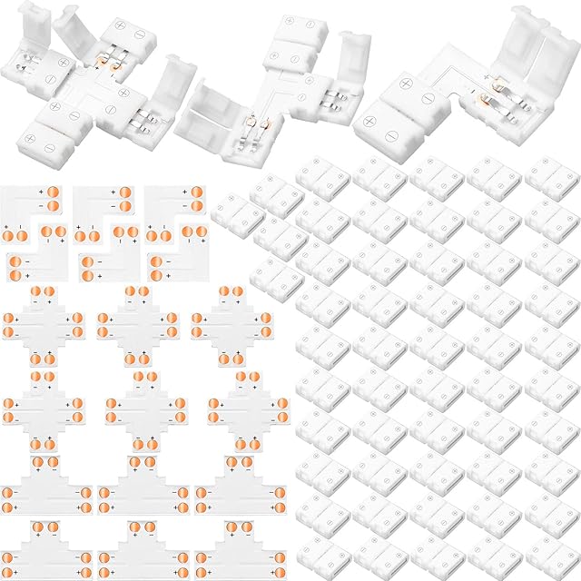 72 Pieces 2 Pin LED Strip Connectors Kit LED Lights Extension T-Shape Solderless LED Adapter Connectors L-Shape 8 mm Solderless Connector X-Shape Connectors for SMD 3528, 2835 LED Light