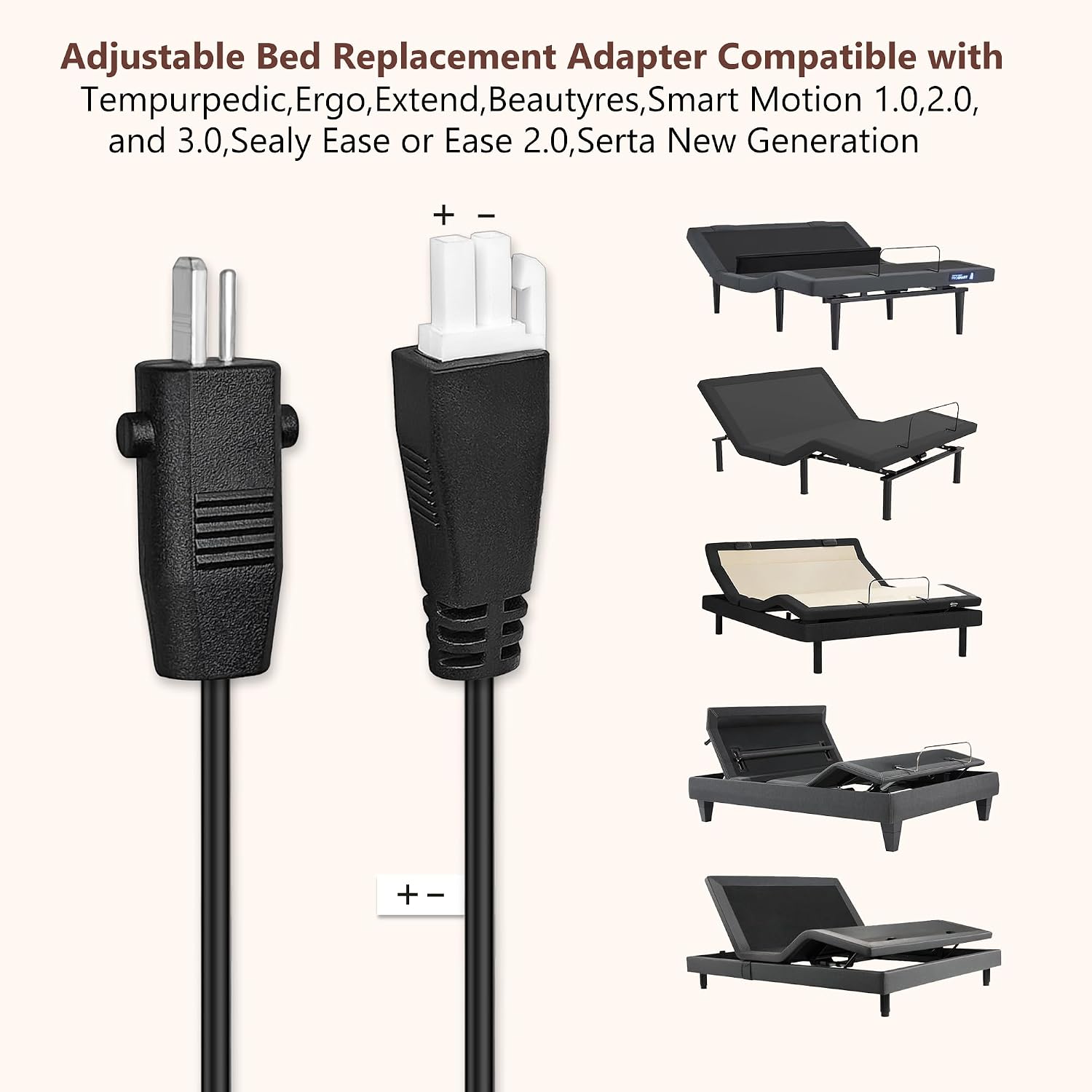6.56 FT Adjustable Bed Parts Cable Standing Desk Power Cord, Adjustable Bed Base Input Power Supply Cable Replacement Compatible for Tempurpedic, Ergo, Extend, Sealy Ease, Electric Bed Power Cord