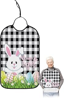 Kewadony Adult Bibs for Elderly Women - Happy Easter Bunny Waterproof Dining Clothing Protectors with Crumb Catcher for Eating/Feeding, Spring Daisy Eggs on Grass Black Buffalo Check Terry Cloth Bib
