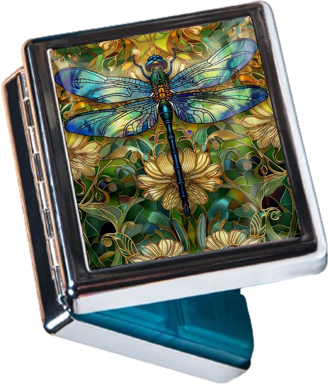 Cute Travel Pill Box Organizer with 8 Compartments - Compact and Fashionable Pill Case with Mirror - Ideal for Medications (Dragonfly Stained Glass)