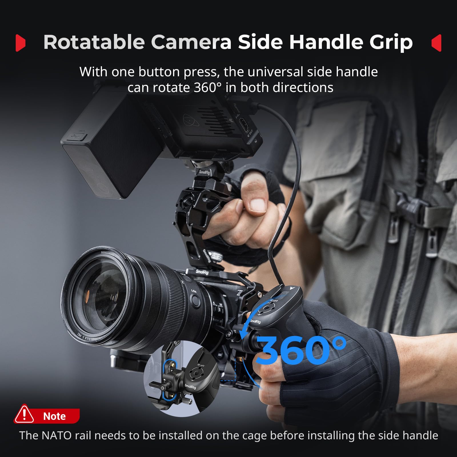 SmallRig Kit gabbia per fotocamera Nikon ZR con maniglia laterale girevole NATO, maniglia superiore per ARRI e morsetto per cavo HDMI, freddo integrata e piastra a sgancio rapido per Arca - 5468