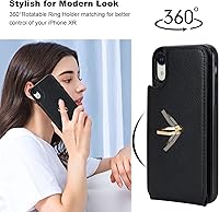 Vista 3 de Folosu Funda compatible con iPhone XR con soporte para tarjetas, rotación de 360°, soporte de anillo de dedo con función atril, bloqueo RFID, piel