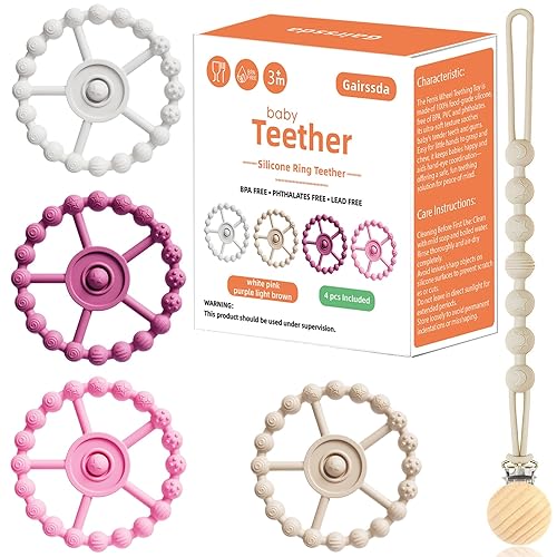 Paquete de 5 elegantes juguetes de dentición de silicona para bebés 4 anillos de dentición y clip de silicona extra, anillos de dentición para bebés