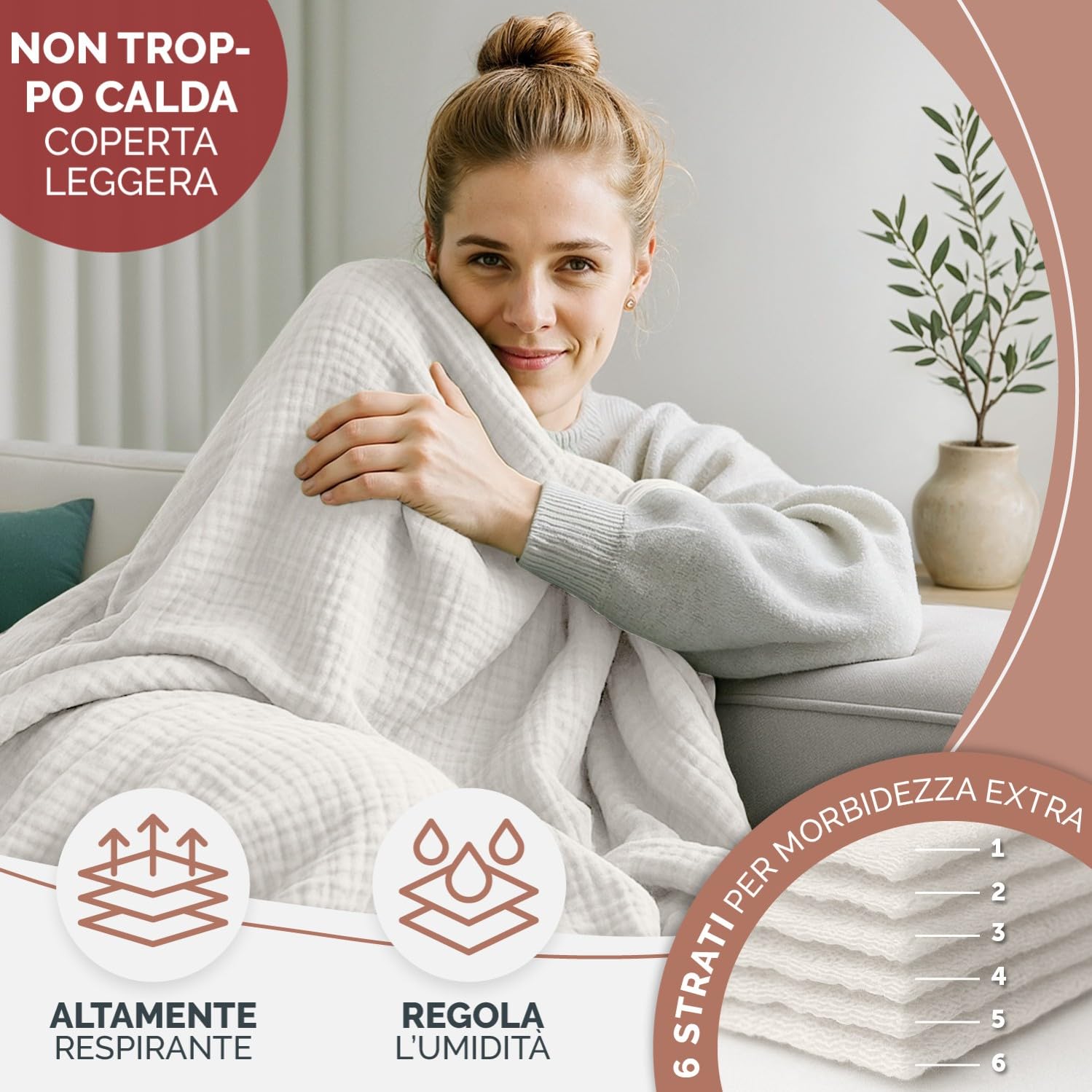 Blumtal Coperta Mussola Matrimoniale 150x200 cm - Certificata OEKO-TEX - Cotone Estivo 100% - Telo Copridivano - Avorio