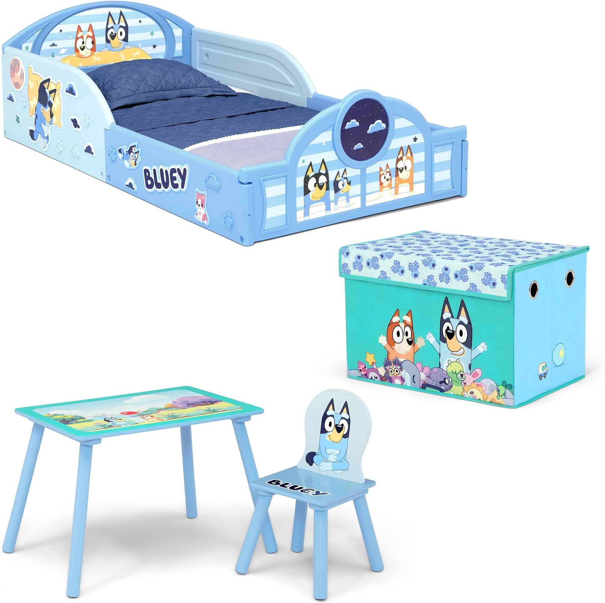 Bluey 4-Piece Toddler Room-in-a-Box Set – Includes Sleep and Play Toddler Bed, Table, 1 Chair and Fabric Toy Box, Blue