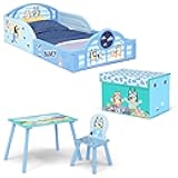 Delta Children - Bluey 4-Piece Toddler Room-in-a-Box Set – Includes Sleep and Play Toddler Bed, Table, 1 Chair and Fabric Toy Box, Blue