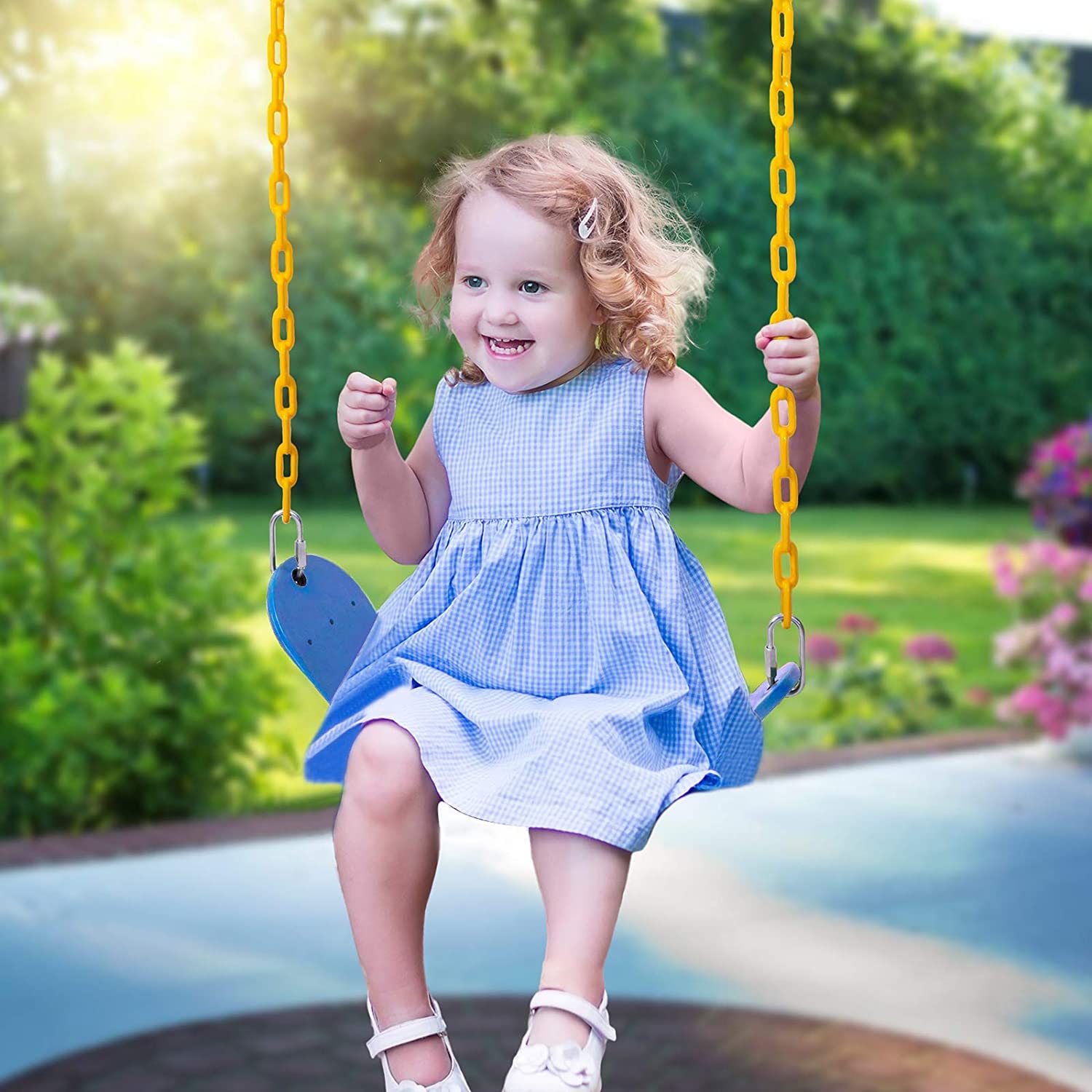 REZNOR Flexible Swing Seat Set for Kids/Adults Outdoor Park Garden Tree Backyard with 60β Plastic Coated Chain, Weight Support Upto 150kg, Blue/Yellow 4