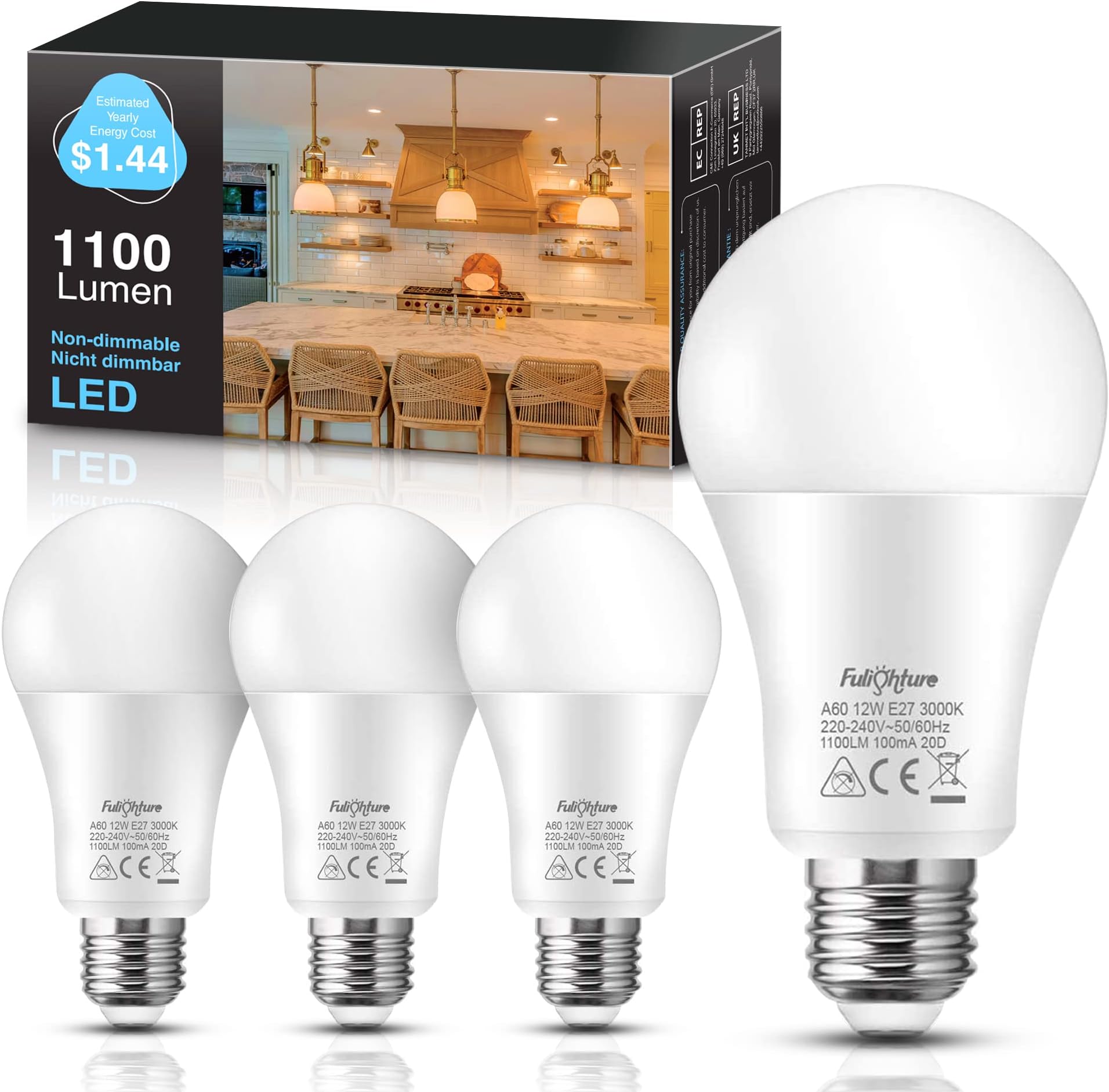 Fulighture E27 Screw Bulb, 12W (100W Incandescent Equivalent), Ultra Bright 1000lm A60 LED Light Bulbs, Warm White 3000K, for Bedroom Living Room Bedroom, Non-dimmable, 4 Pcs