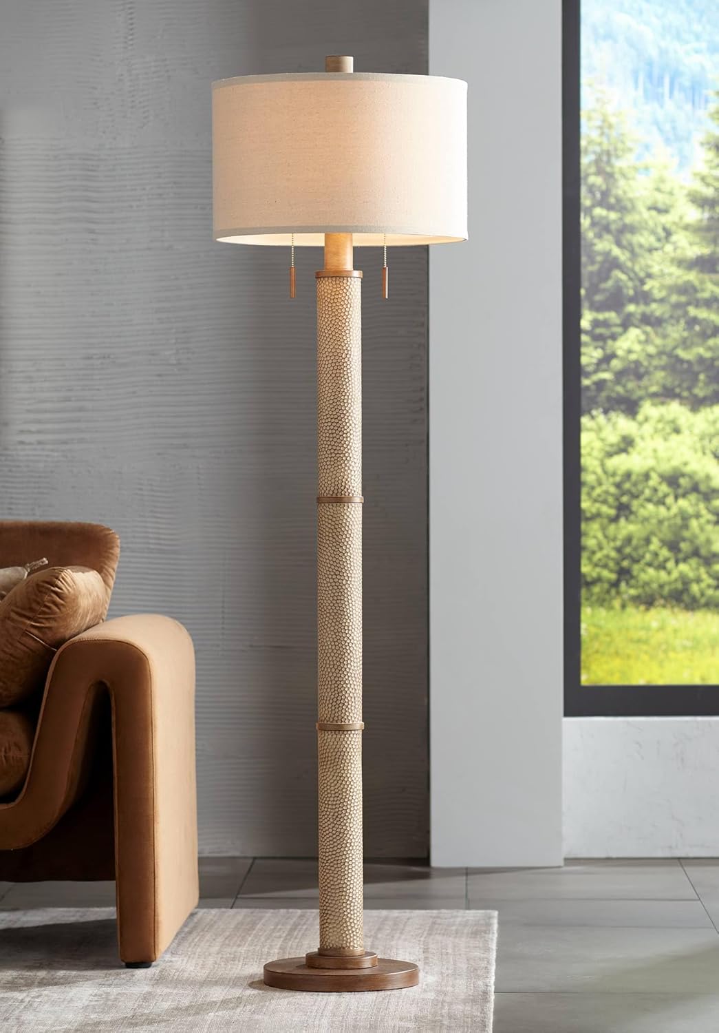 Barnes and Ivy Santiago Modern Country Cottage Core 65" Tall Standing Floor Lamp Column Pull Chain Brown Hammered Finish Living Room Bedroom House Reading Office Home Decor Entryway Cream Drum Shade